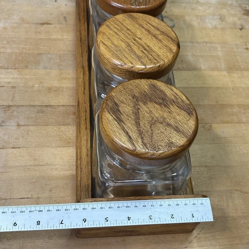 Vintage 1970s Anchor Hocking Glass Canister Set 4 Wood Lids Rack Kitchen